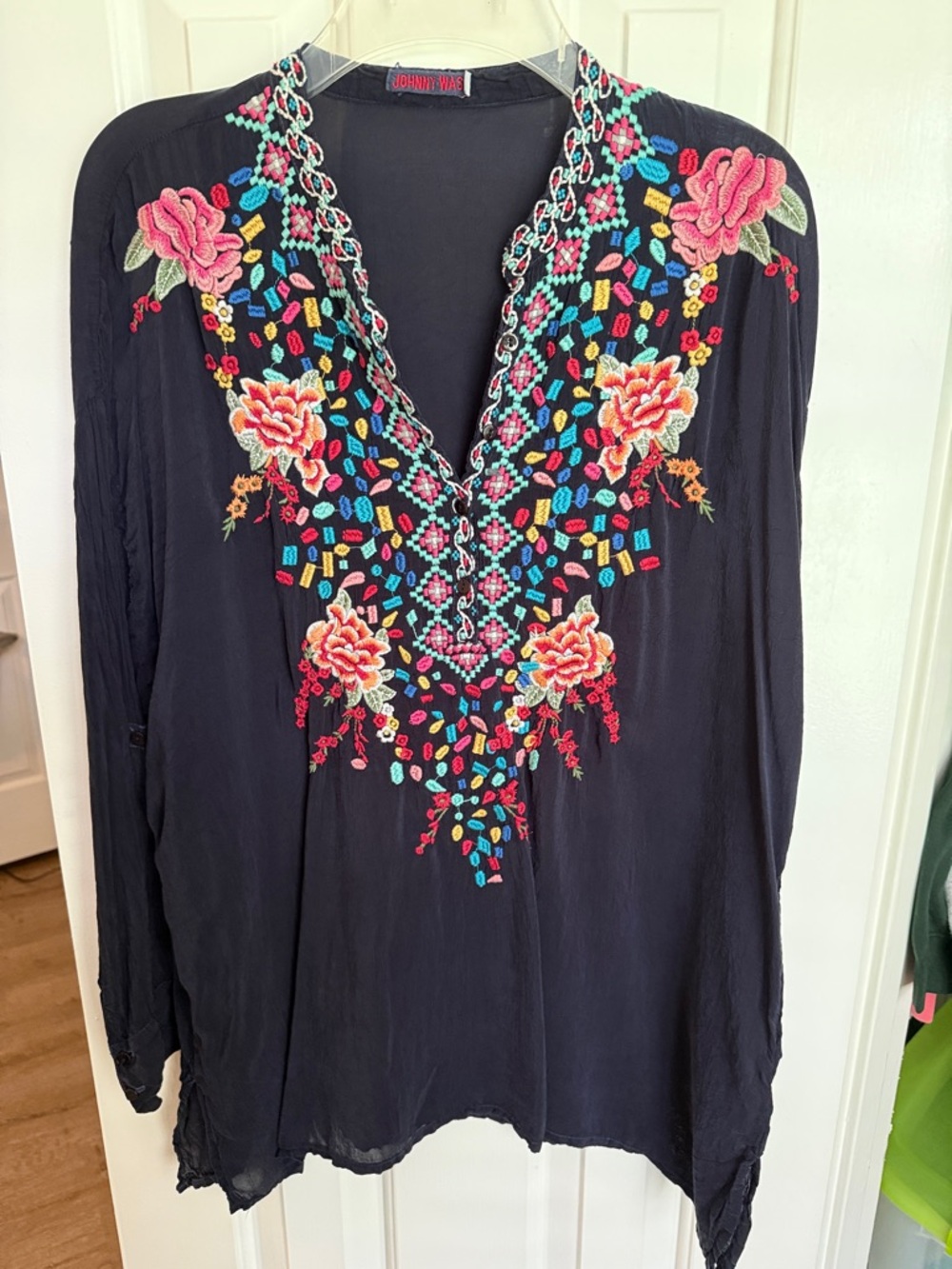 Johnny Was Dark Navy Tunic with Multicolor Floral Embroidery